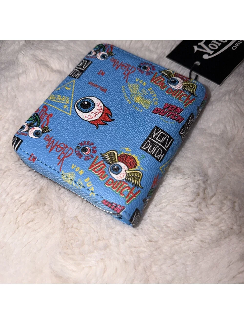 VON DUTCH Hot Blue Faux LEATHER Logo JAX Flying EYEBALL Small BIFOLD Wallet NWT